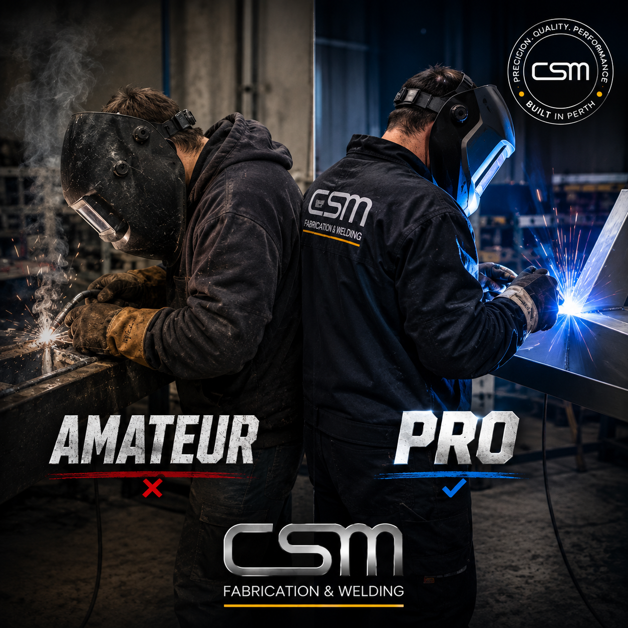 Amateur vs professional welder Perth comparison highlighting professional welding, precision workmanship and quality metal fabrication by CSM Fabrication & Welding.