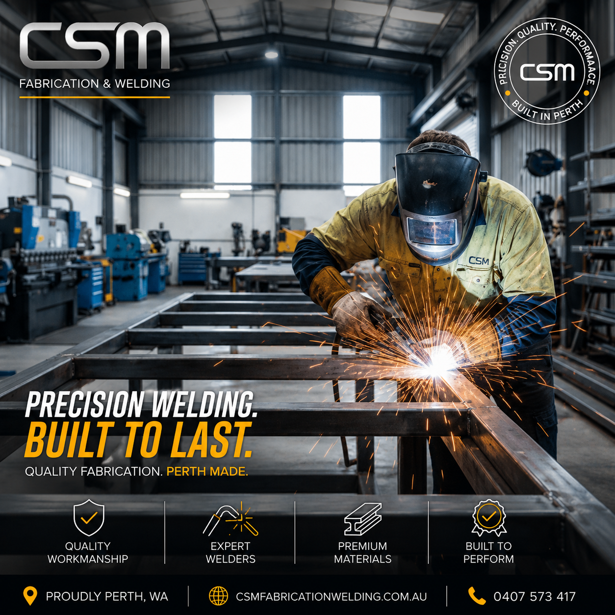 Professional metal fabrication Perth workshop showing precision welding of a custom steel frame by CSM Fabrication & Welding.