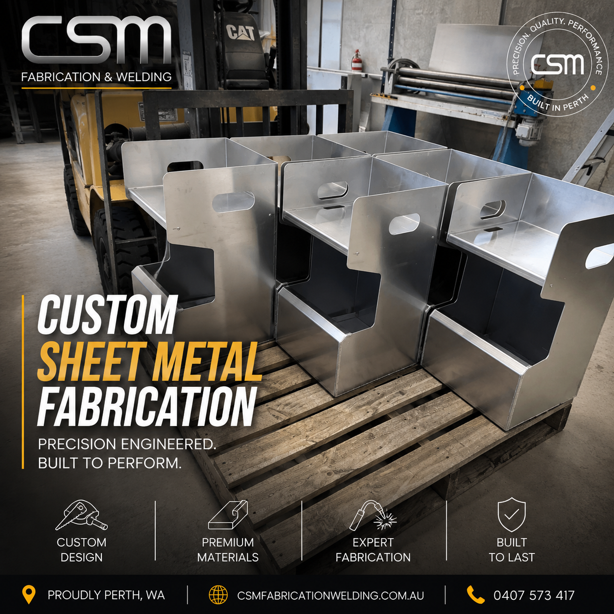 Custom sheet metal fabrication Perth by CSM Fabrication & Welding showing precision fabricated metal components in a Perth workshop.