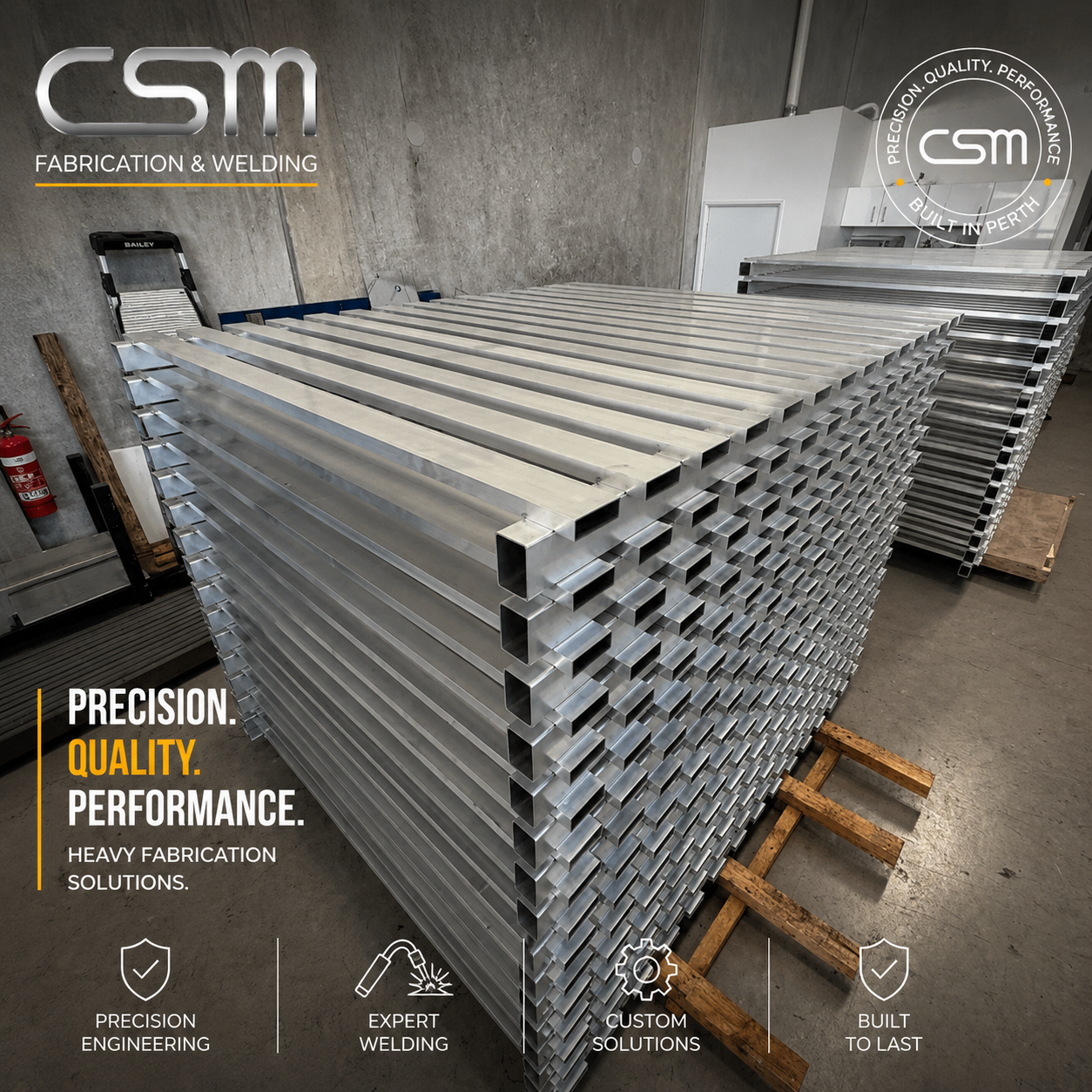 Stacked fabricated metal components prepared for heavy fabrication work in a Perth workshop