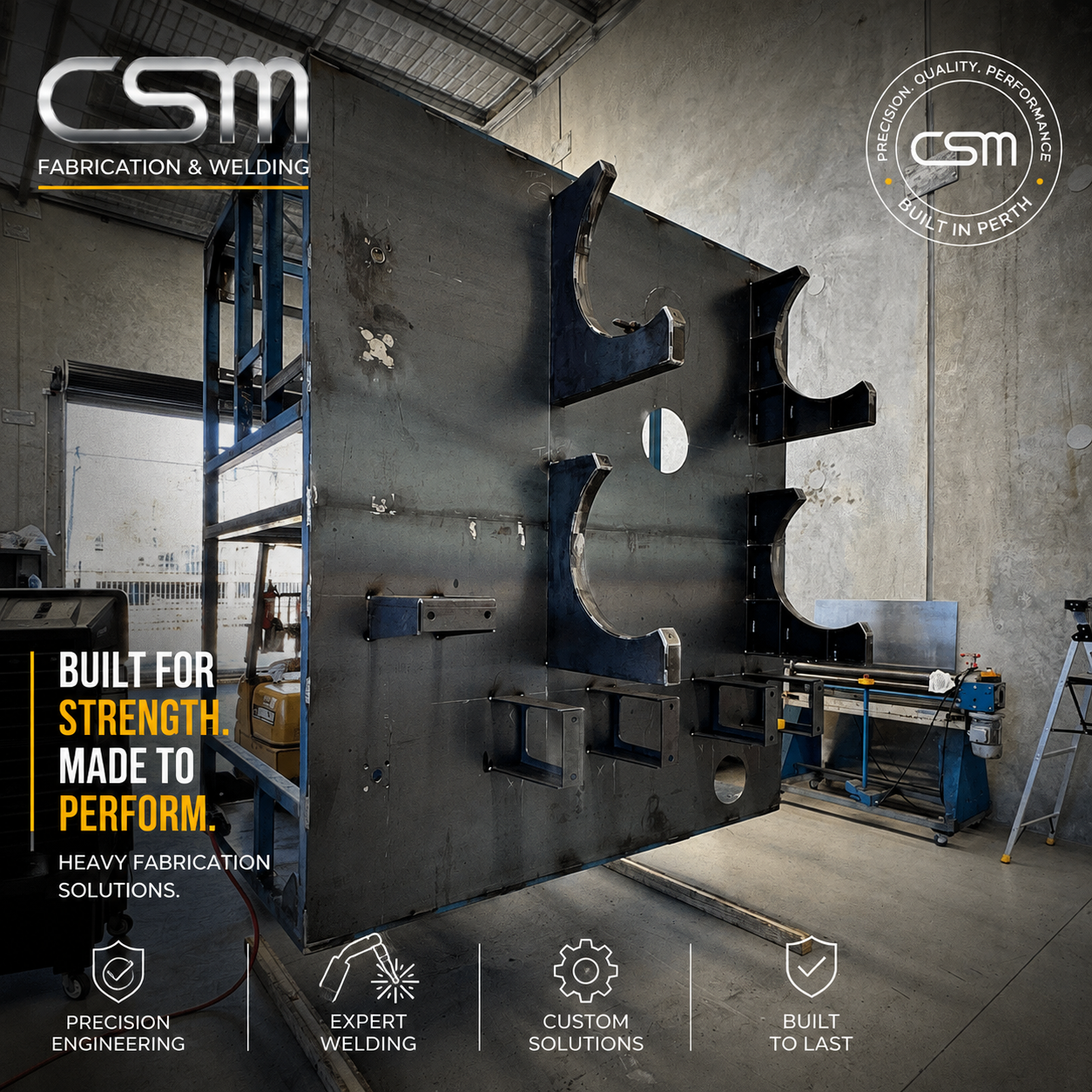 Heavy steel fabrication project in a Perth workshop showing a large custom fabricated industrial structure