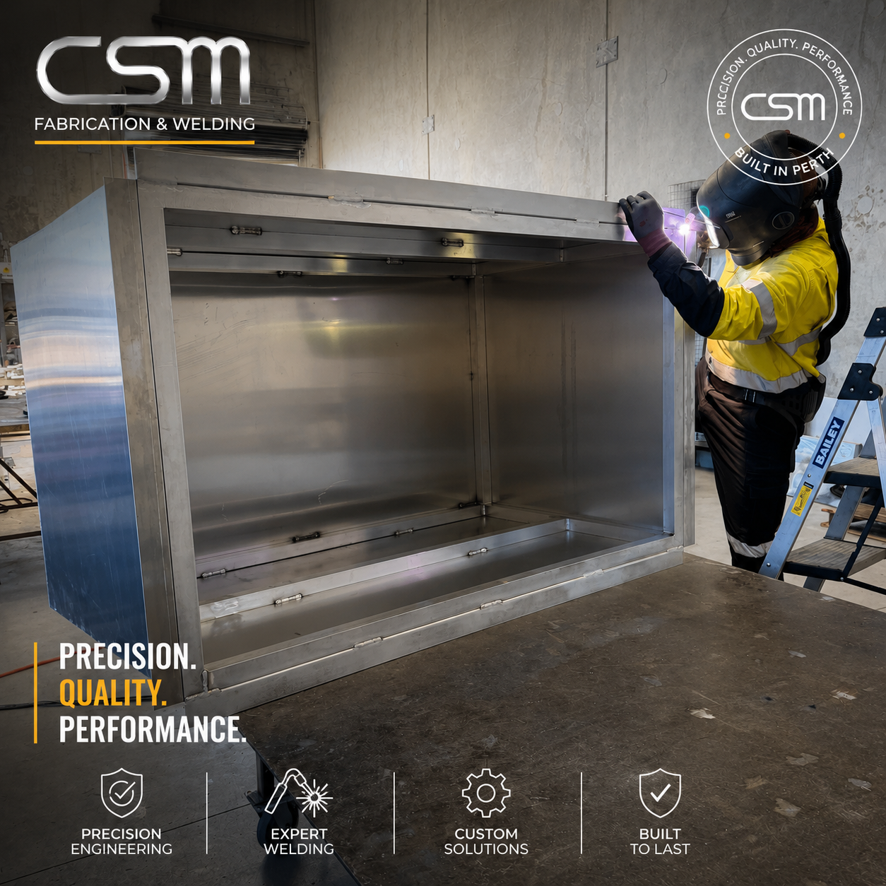 Welder fabricating a large custom metal enclosure at CSM Fabrication & Welding in Perth