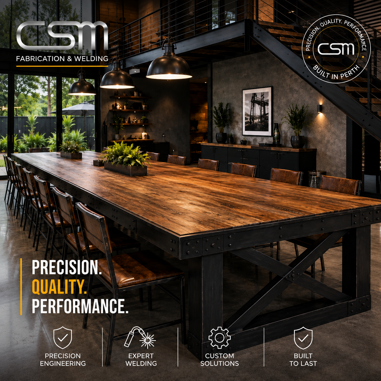Large custom steel-framed table showcasing metal fabrication in Perth
