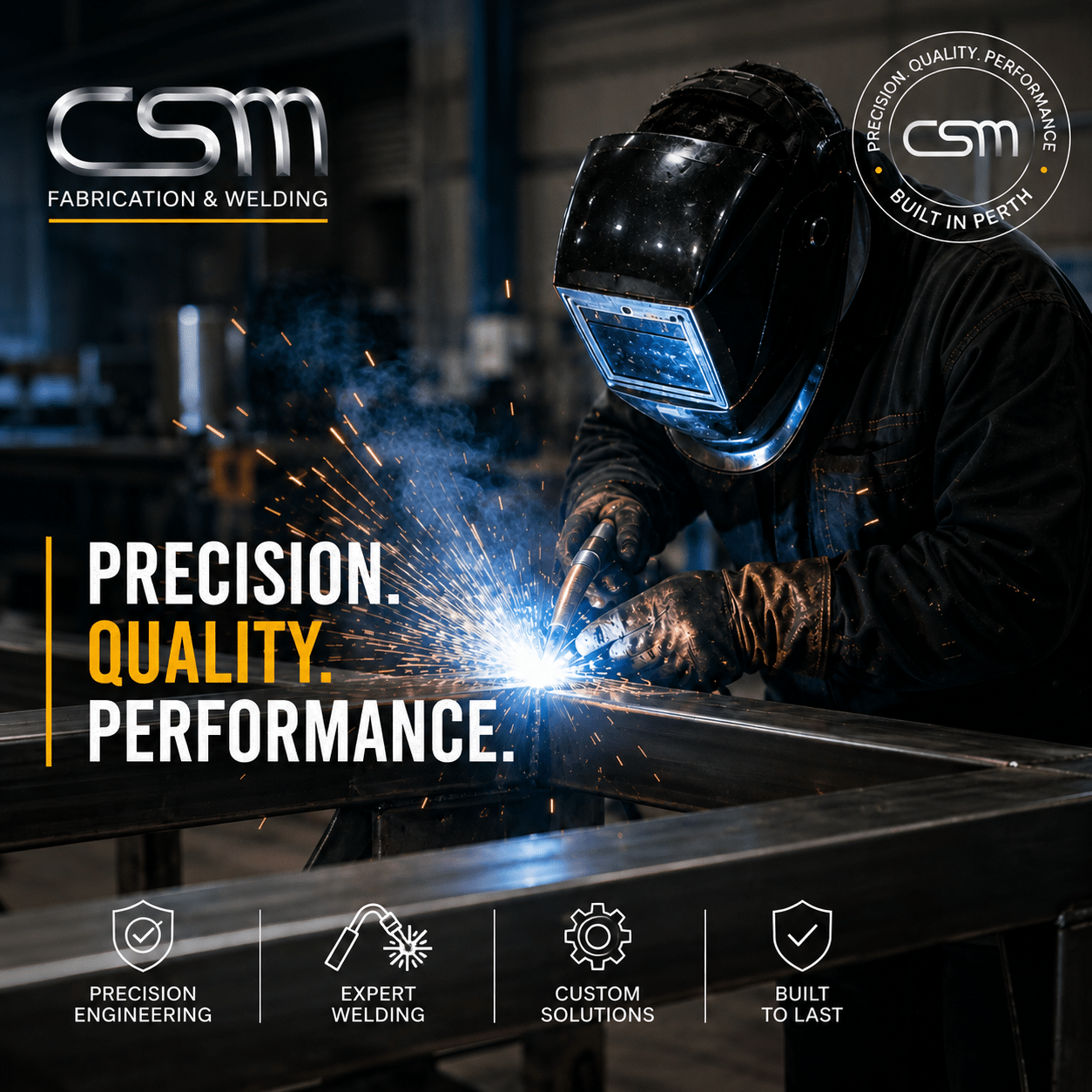 Welder fabricating a steel frame for metal fabrication work in Perth