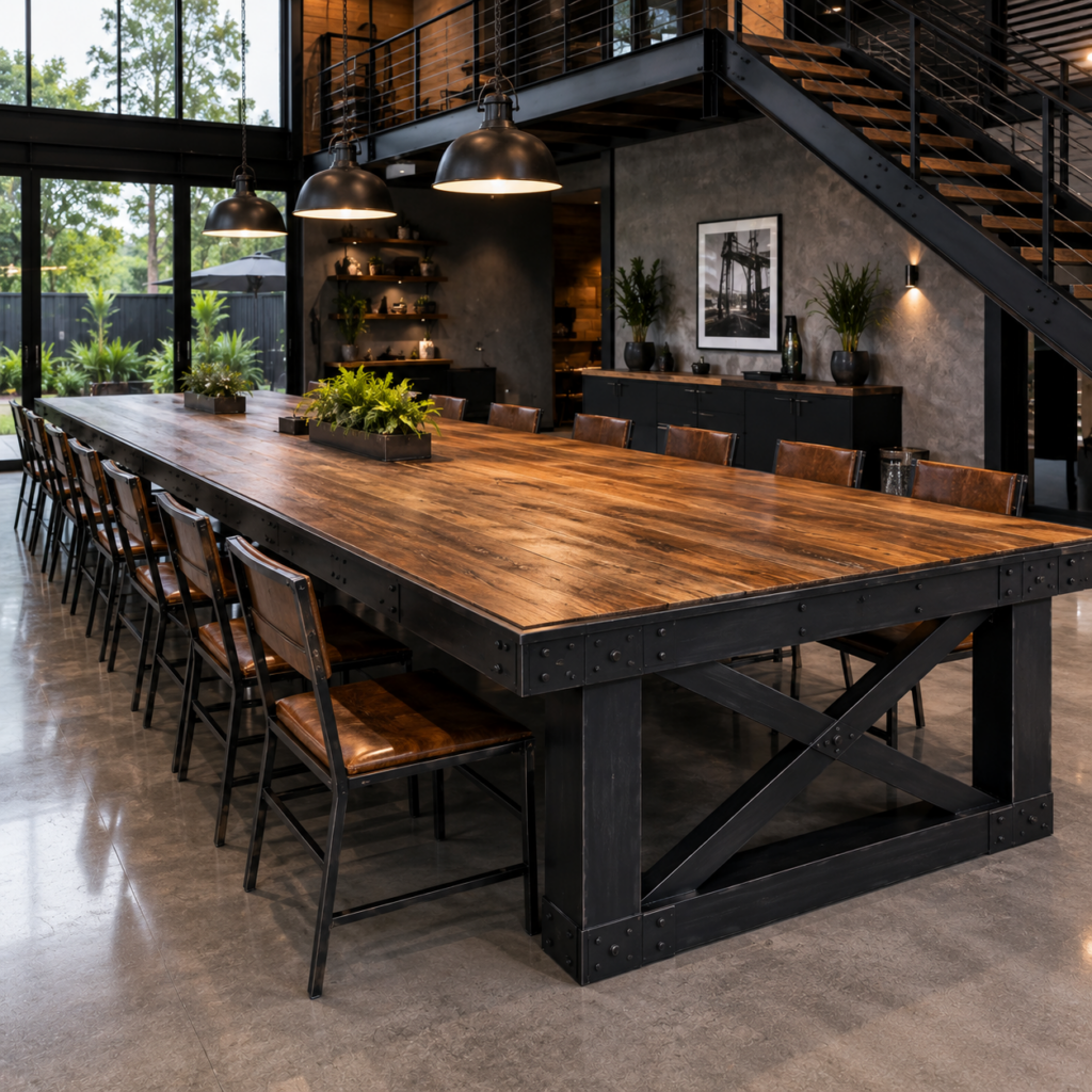 Large custom fabricated steel and timber dining table featuring a heavy-duty steel frame and premium hardwood top in a modern industrial interior.