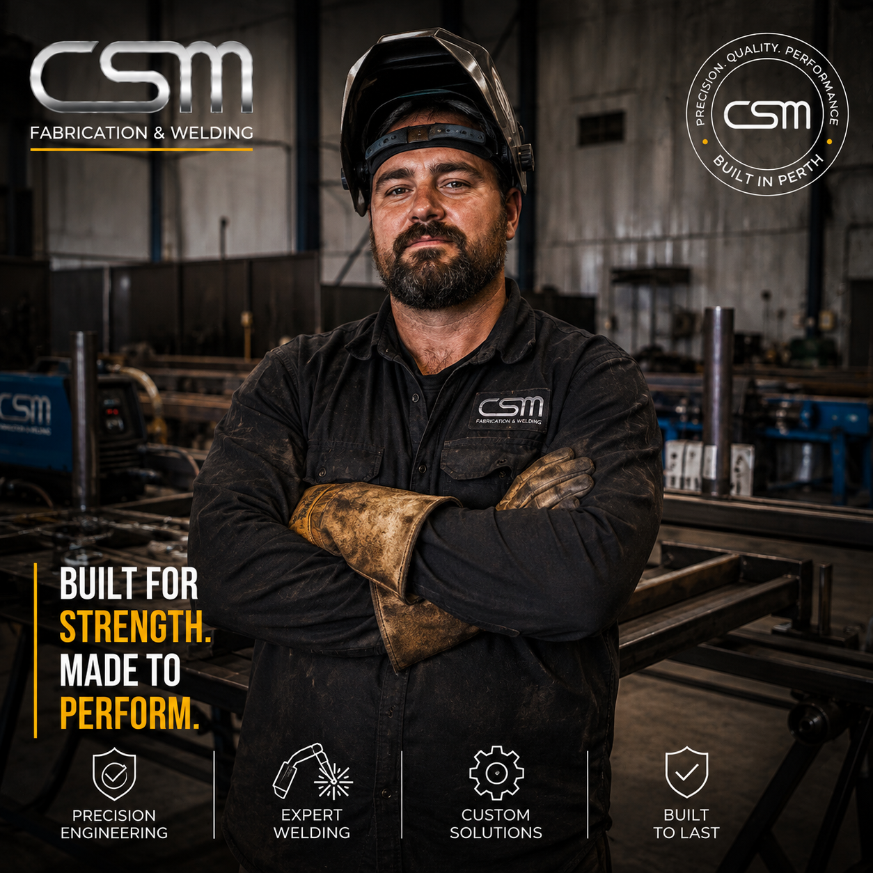 Professional fabricator and welder in an industrial fabrication workshop in Perth