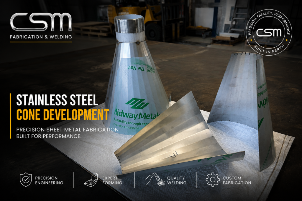 Custom stainless steel cone development and sheet metal fabrication completed by CSM Fabrication & Welding in Perth WA.