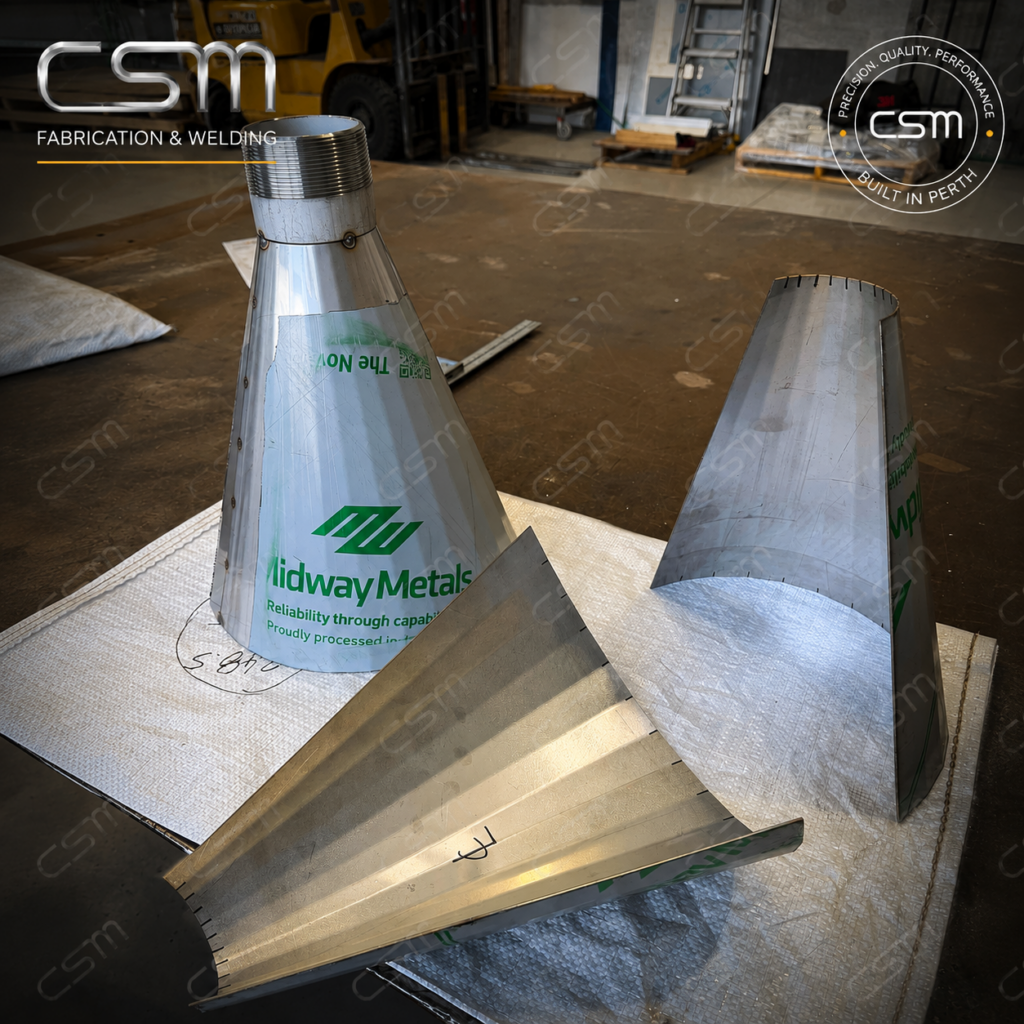 Stainless steel cone sections during precision sheet metal forming and fabrication by CSM Fabrication & Welding in Perth.