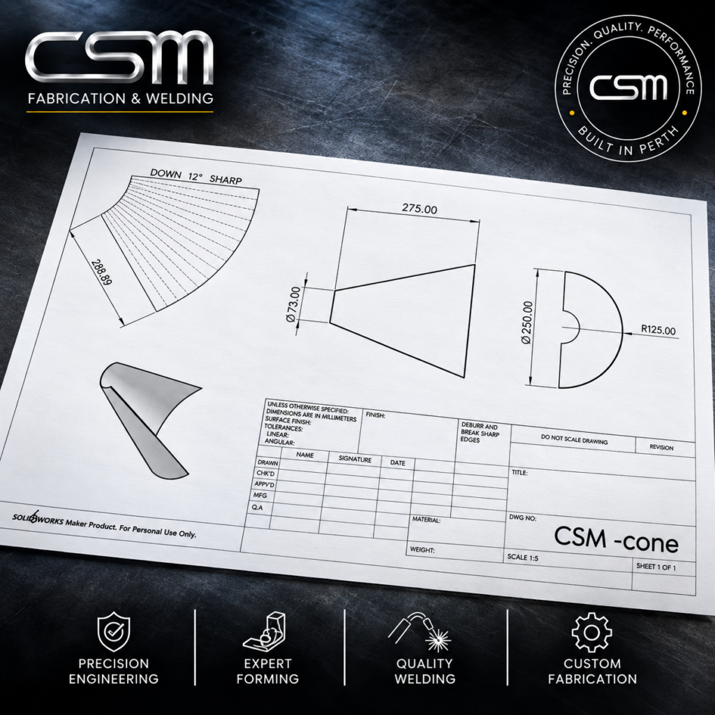 Stainless steel cone development engineering drawing by CSM Fabrication & Welding for custom sheet metal fabrication in Perth.