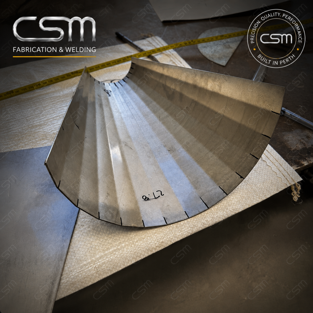 Formed stainless steel sheet metal cone development during fabrication by CSM Fabrication & Welding in Perth.