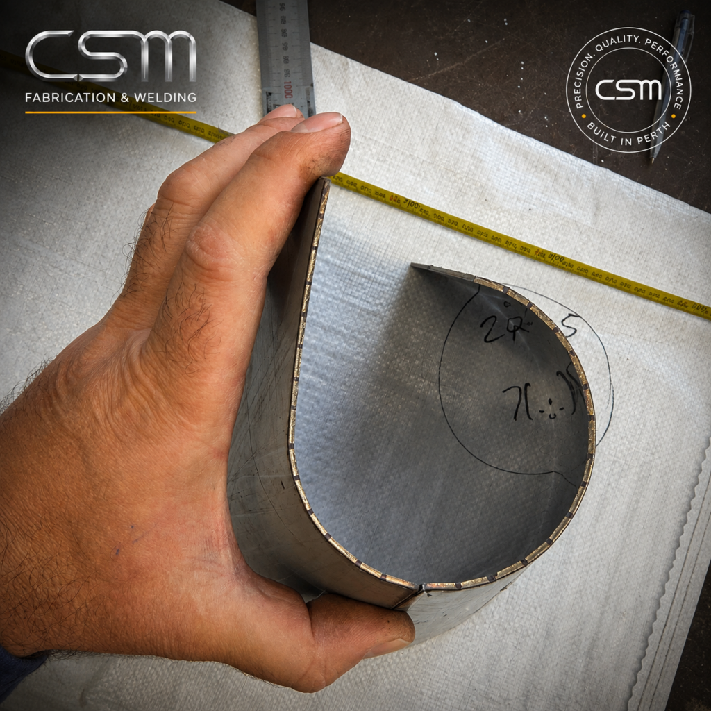 Stainless steel cone development being formed during custom sheet metal fabrication by CSM Fabrication & Welding in Perth.