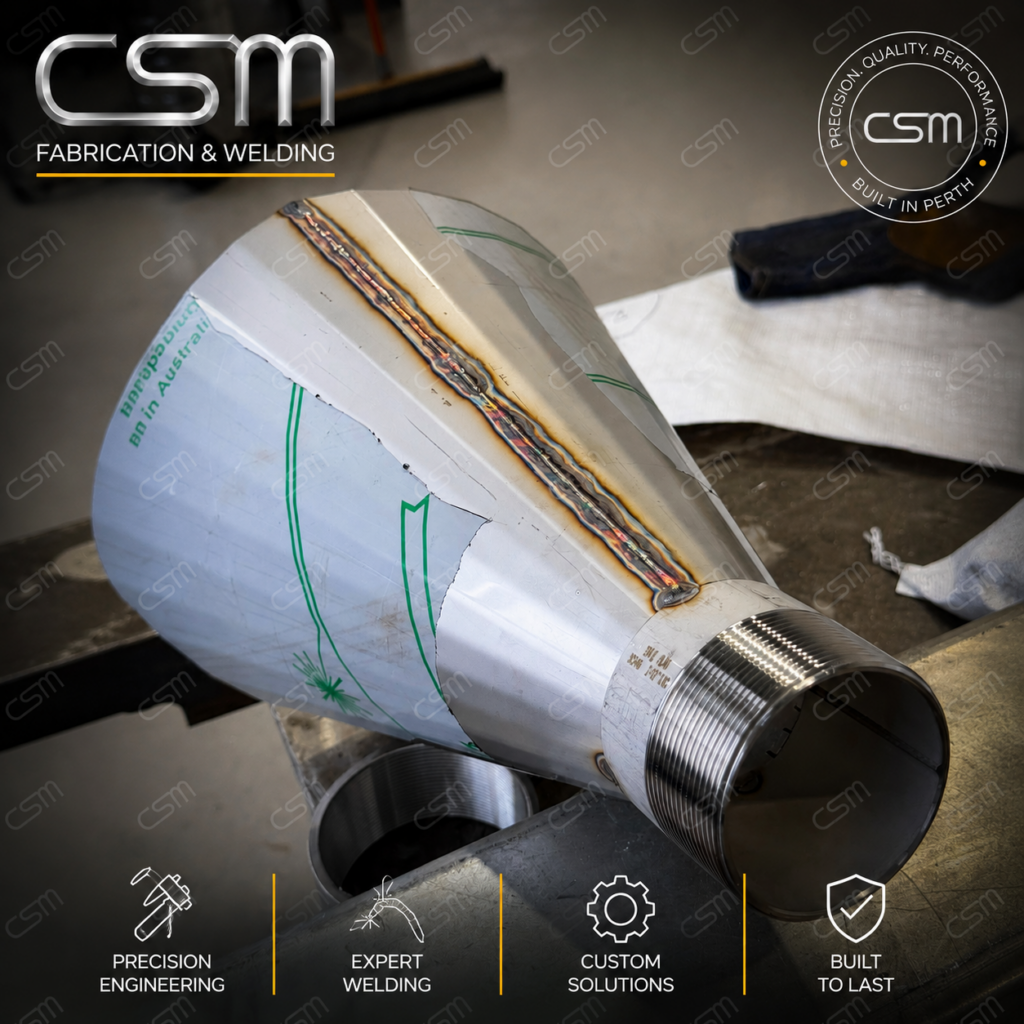 elded stainless steel cone showing precision fabrication and welding by CSM Fabrication & Welding in Perth.