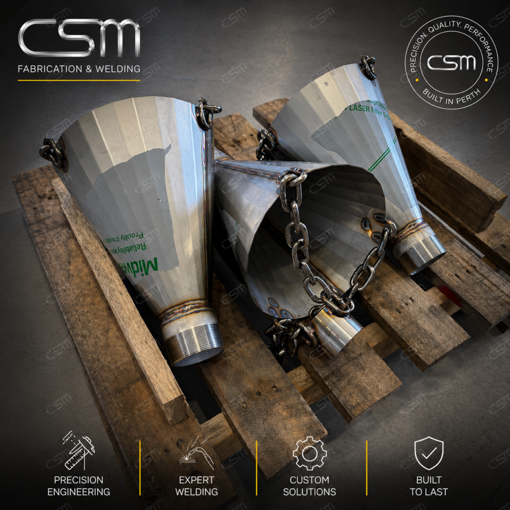 Completed custom stainless steel cone assemblies with welded chains and threaded fittings fabricated by CSM Fabrication & Welding in Perth.