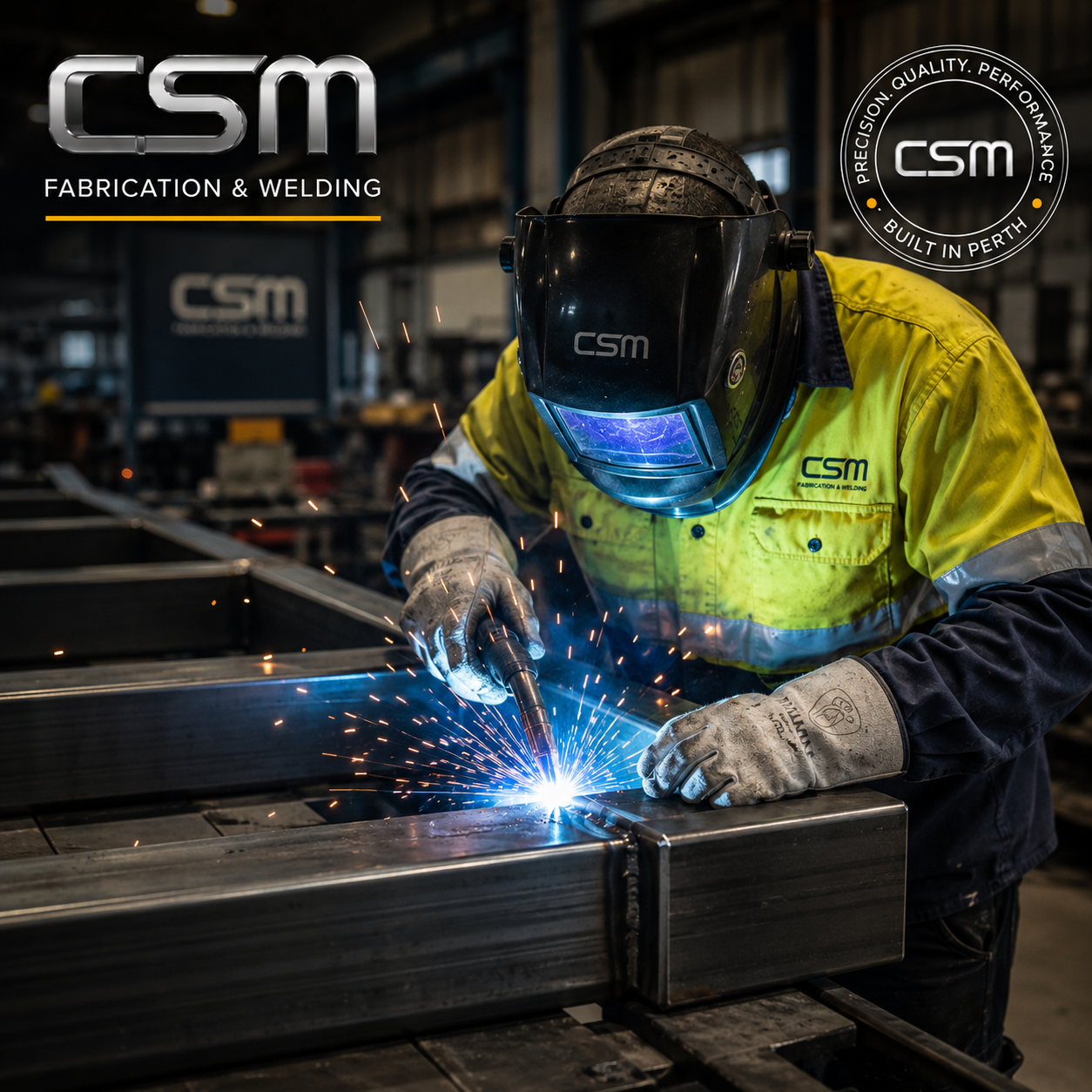Steel fabrication Perth welder fabricating a custom steel frame at CSM Fabrication & Welding
