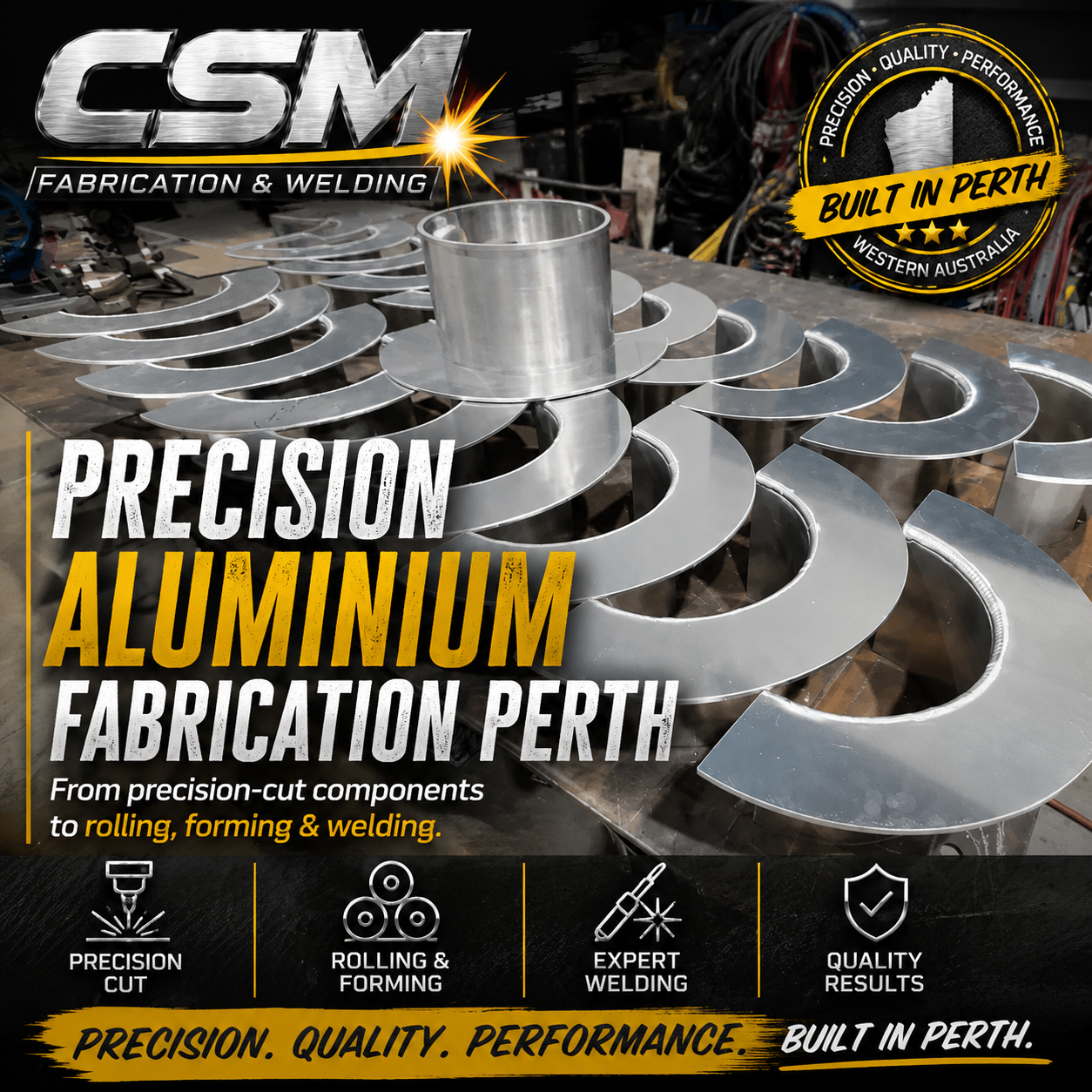 Precision aluminium fabrication in Perth by CSM Fabrication & Welding showing custom aluminium components after cutting, rolling, forming and welding.