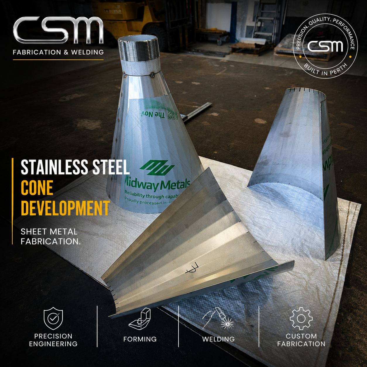 Stainless steel sheet metal cone development fabricated by CSM Fabrication & Welding in Perth WA