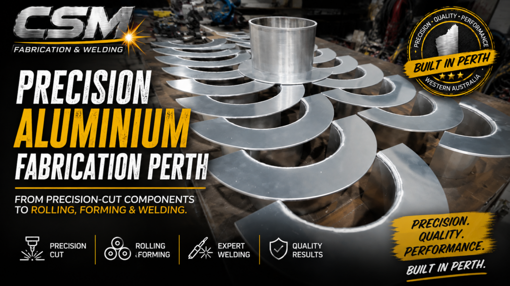 Aluminium fabrication Perth by CSM Fabrication & Welding showing precision-cut, rolled, formed and welded aluminium components.