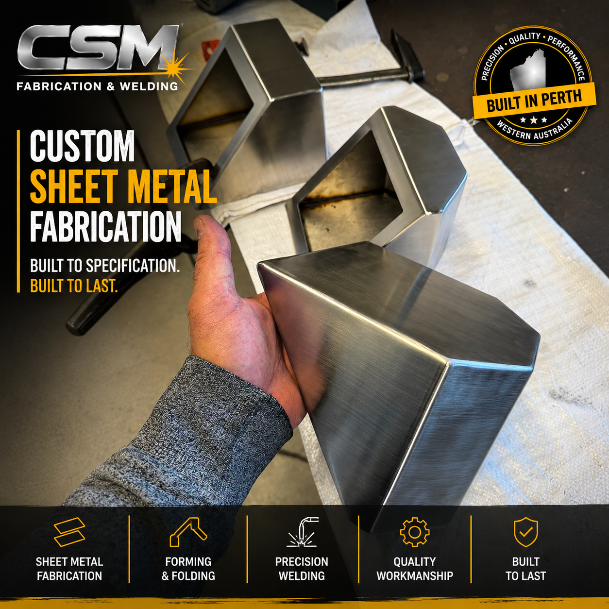 Custom sheet metal fabrication in Perth by CSM Fabrication & Welding, showcasing fabricated stainless steel components.